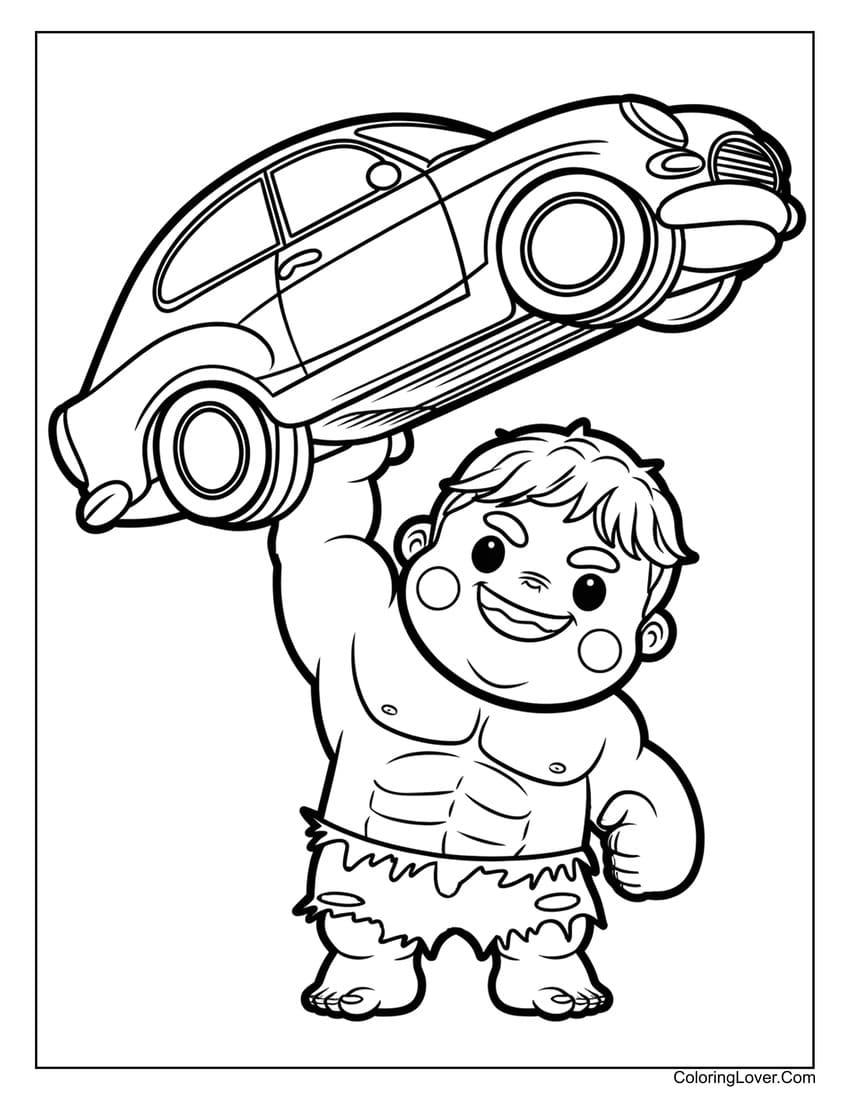 Baby Hulk lifting a car coloring page for fun