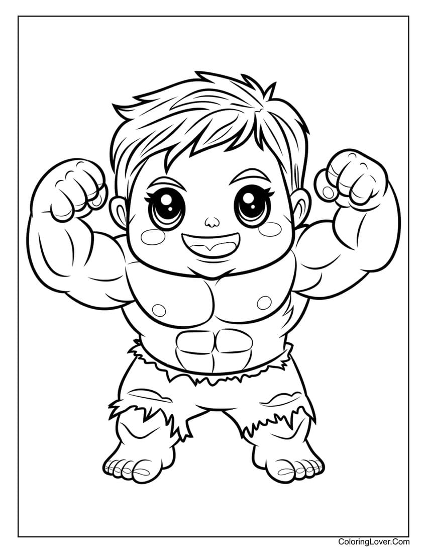 Baby Hulk showing his muscles coloring page for kids