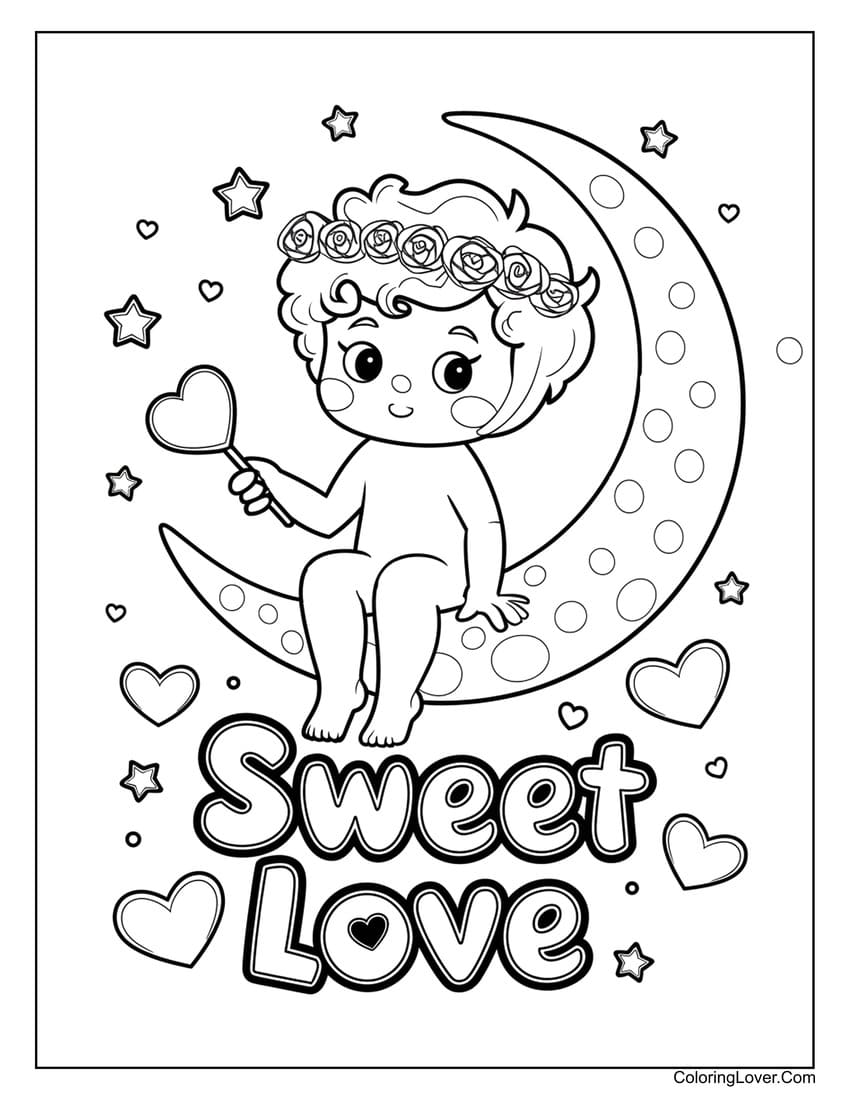 Baby on crescent moon Valentine’s Day coloring page