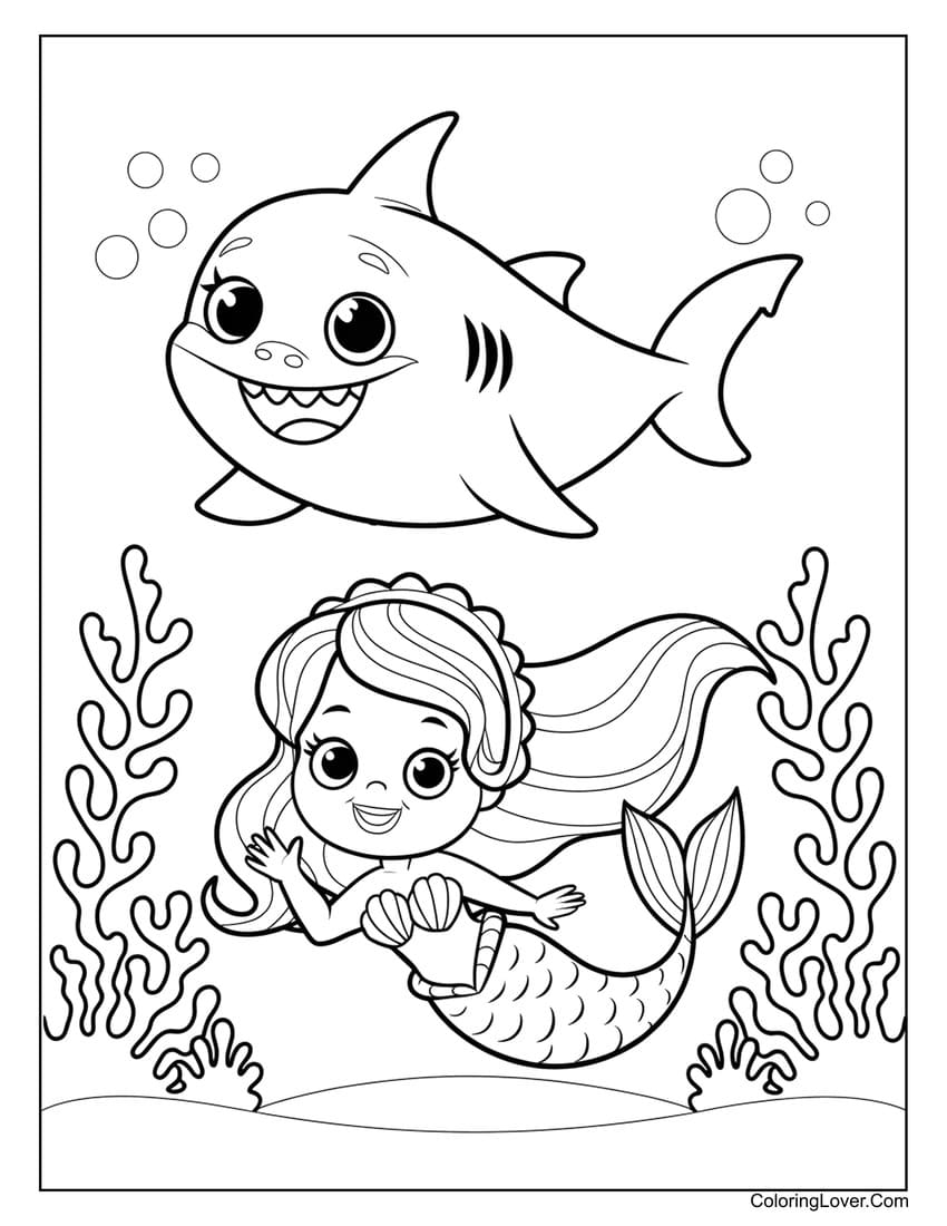 Baby Shark and Mermaid Exploring the Ocean Coloring Page