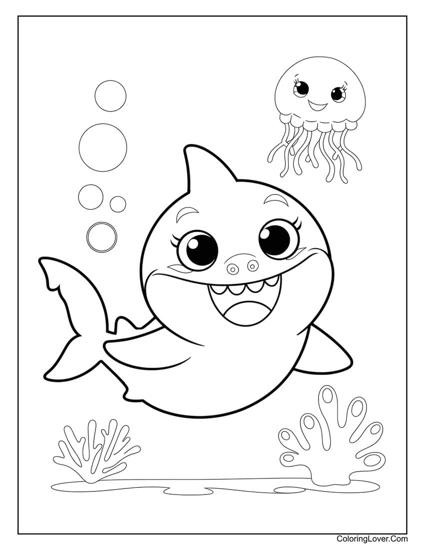 Baby Shark Exploring Ocean with Jellyfish Coloring Page