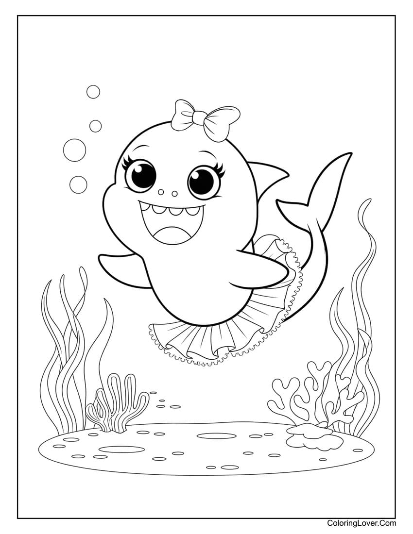 Baby Shark in a Tutu Playing Underwater Coloring Page for Girls