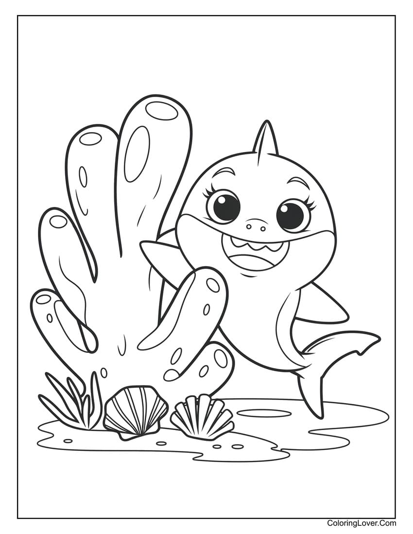 Baby Shark with Coral and Shells Coloring Page