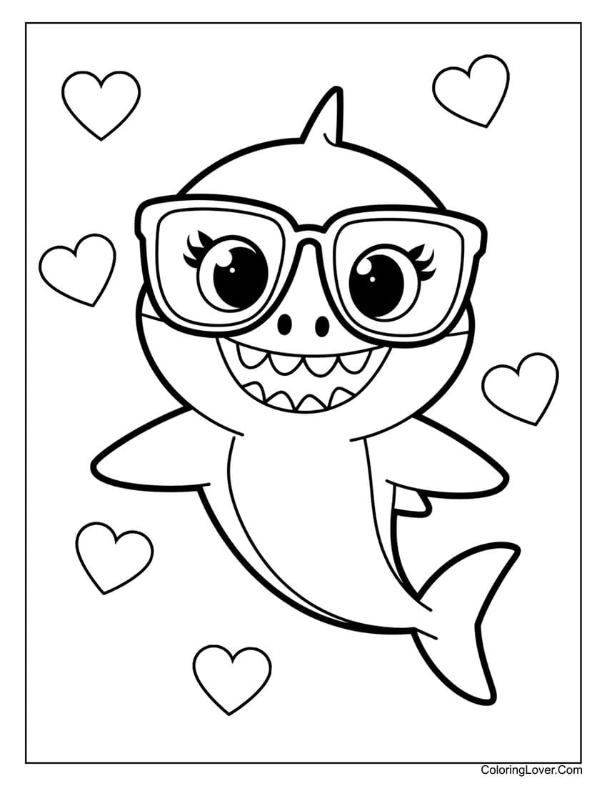 Baby Shark with Glasses and Heart Shapes Coloring Page