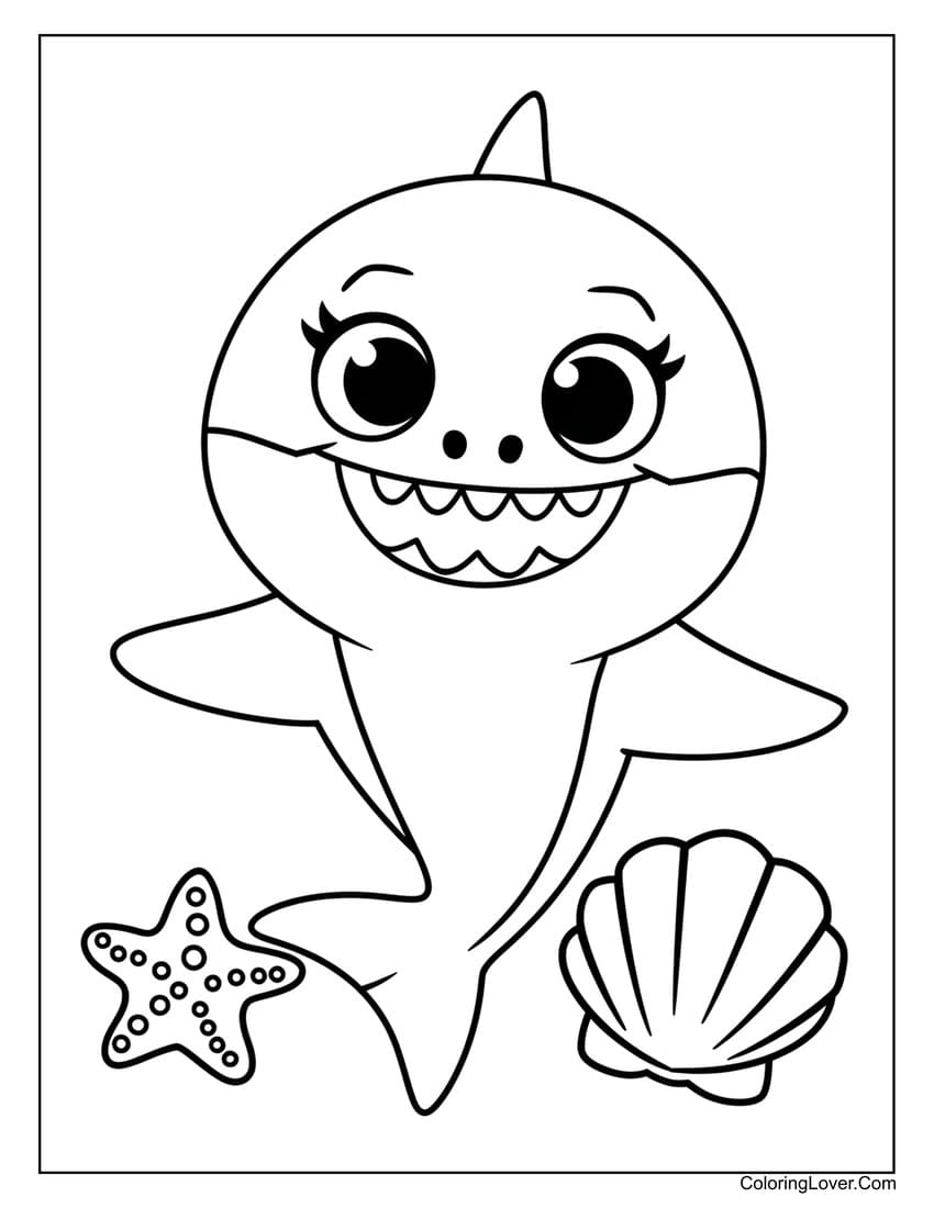 Baby Shark with Seashell and Starfish Coloring Page for Kids