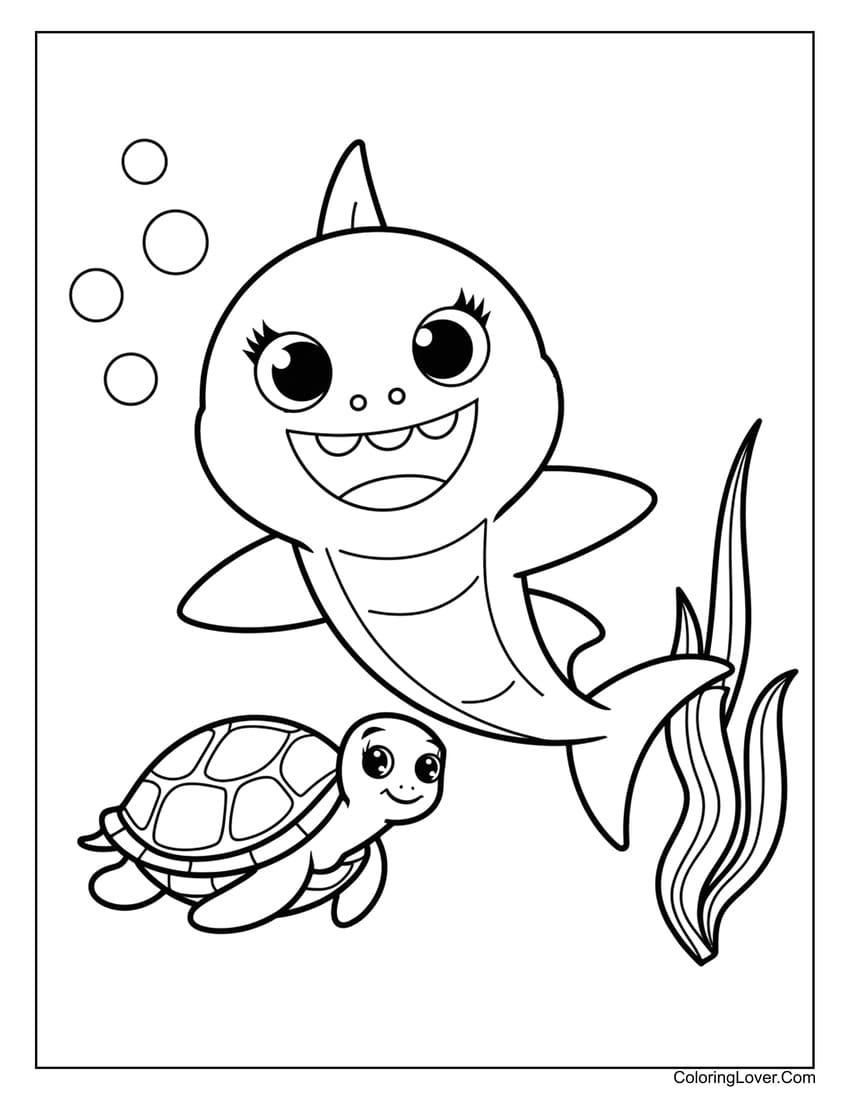 Baby Shark and Turtle in Coral Reef Coloring Page