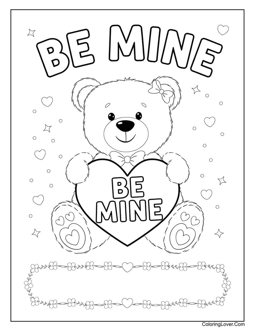 Be Mine teddy bear Valentine coloring card with note space