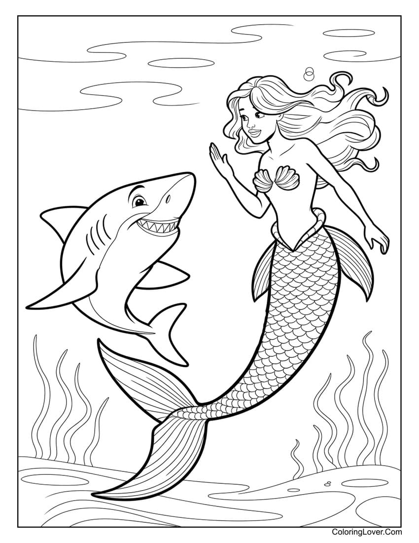 Beautiful Mermaid Hero Swimming with Happy Shark Coloring Page