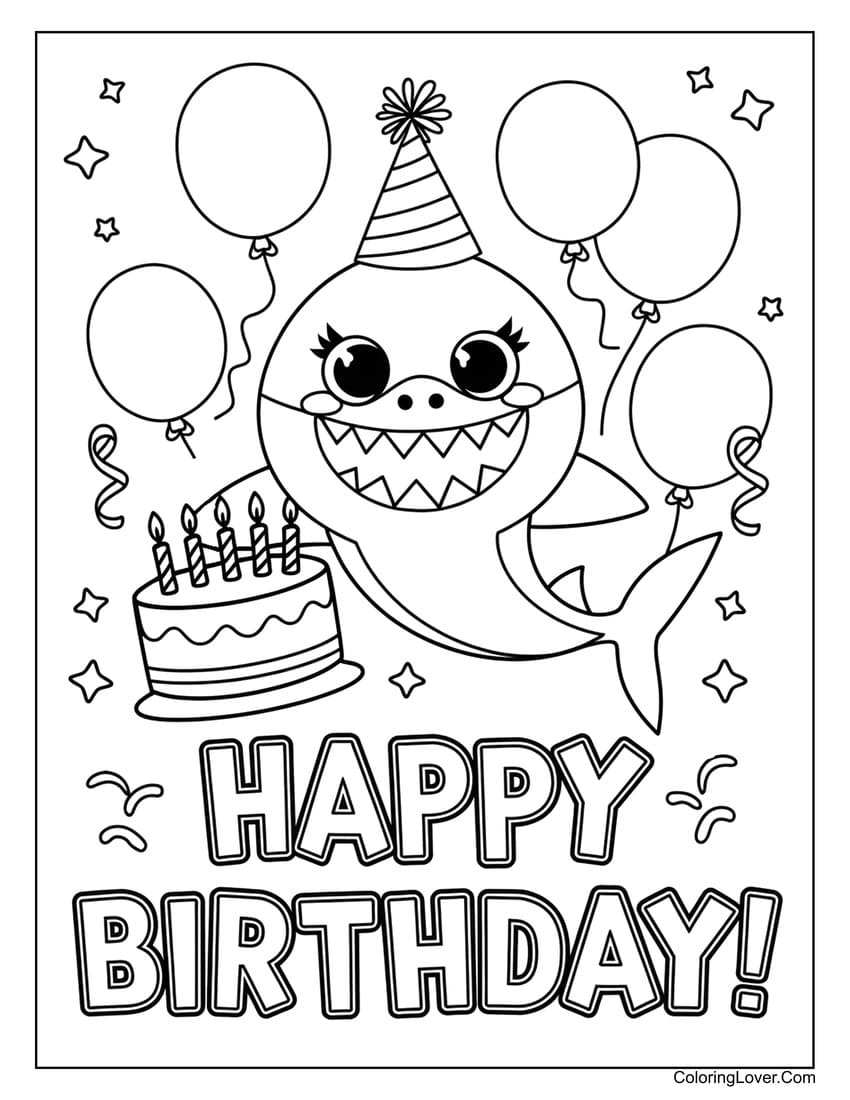 Birthday shark with balloons and cake coloring sheet