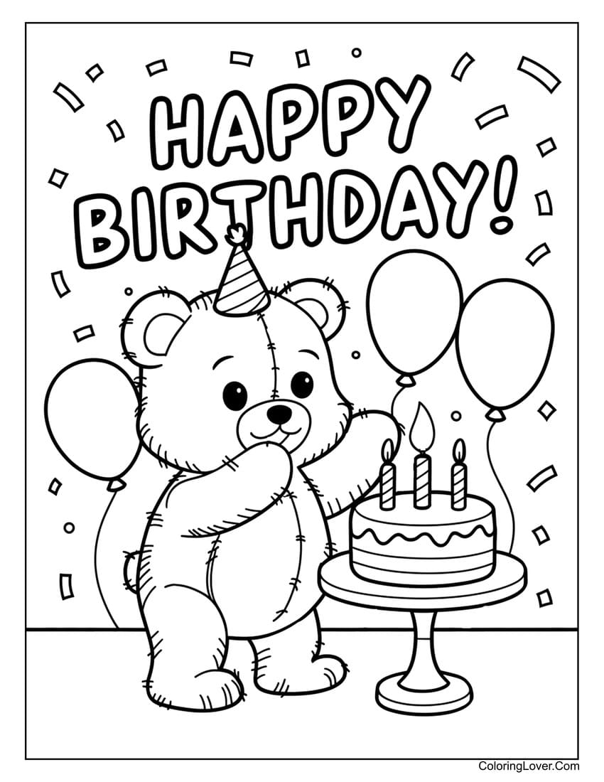 Birthday teddy bear with cake and balloons coloring page