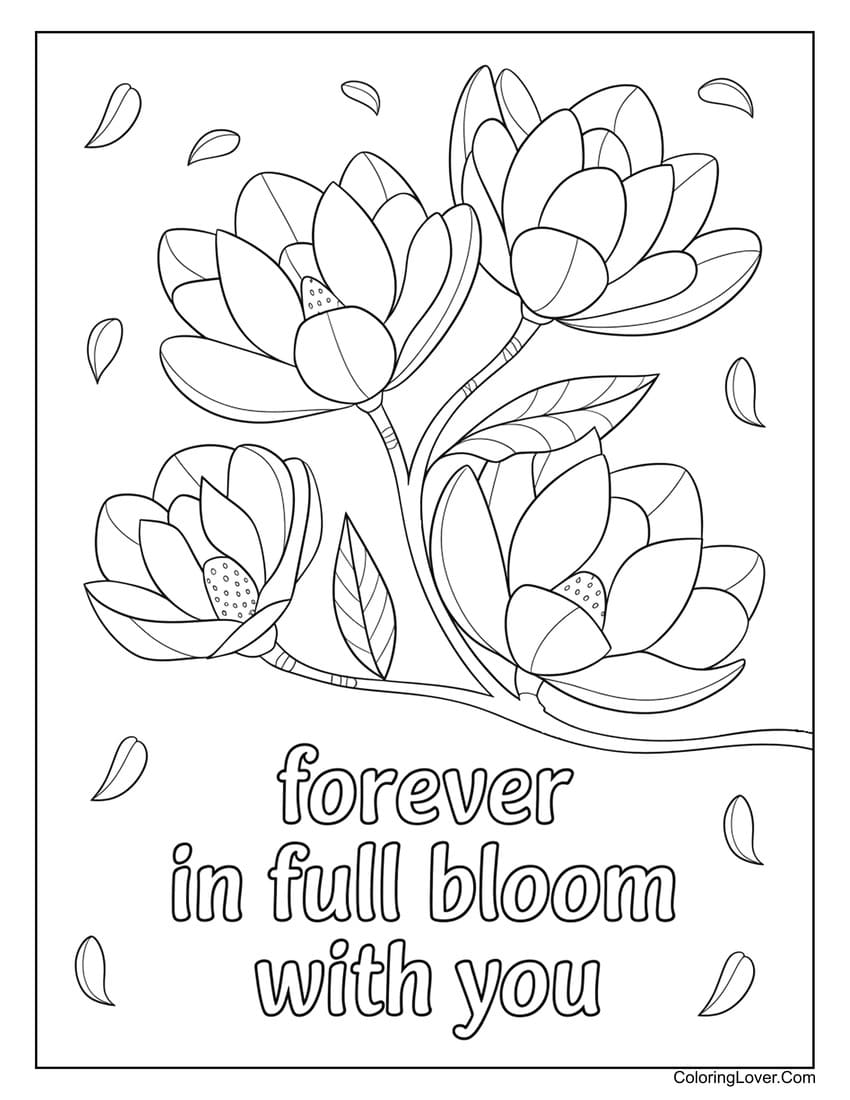 Blooming flowers forever in love Valentine coloring page