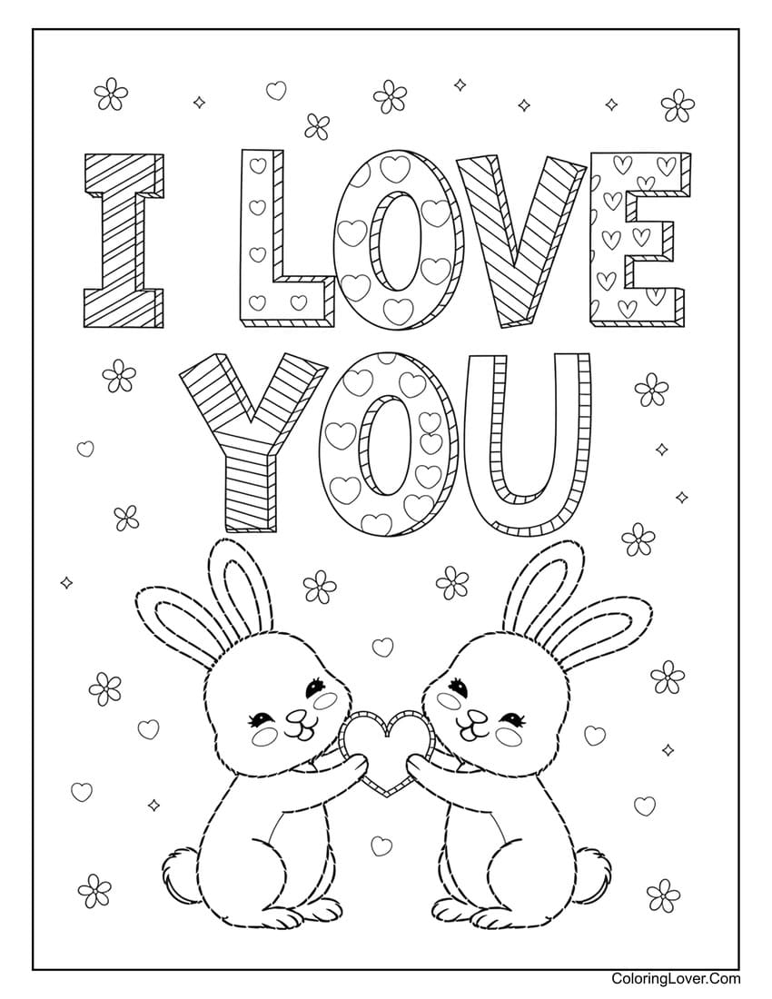 Bunny couple holding heart Valentine’s Day coloring page