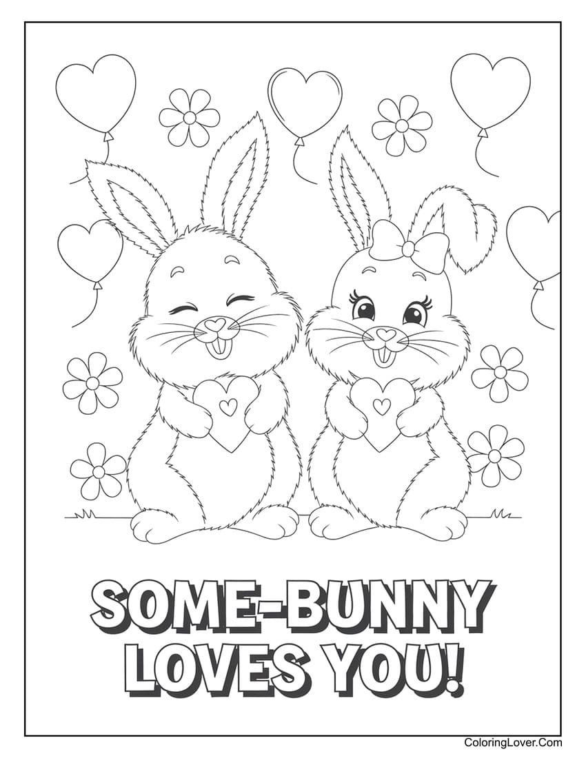 Bunny couple holding hearts for Valentine’s Day coloring page