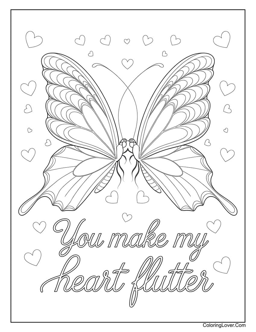 Butterfly with hearts for romantic Valentine’s Day coloring page