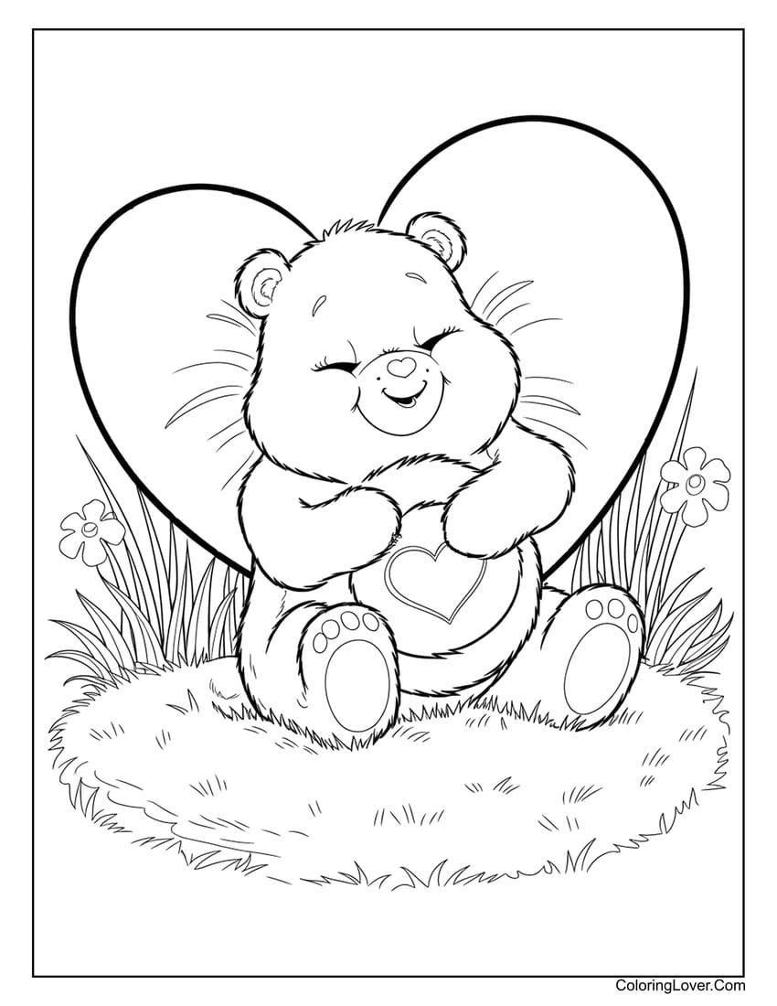 Care Bear hugging a heart with love coloring page