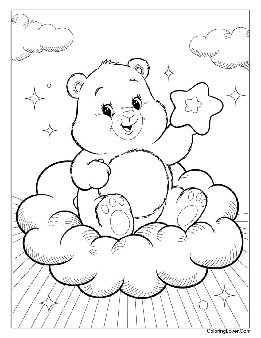 Care Bear sitting on a fluffy cloud coloring page for kids