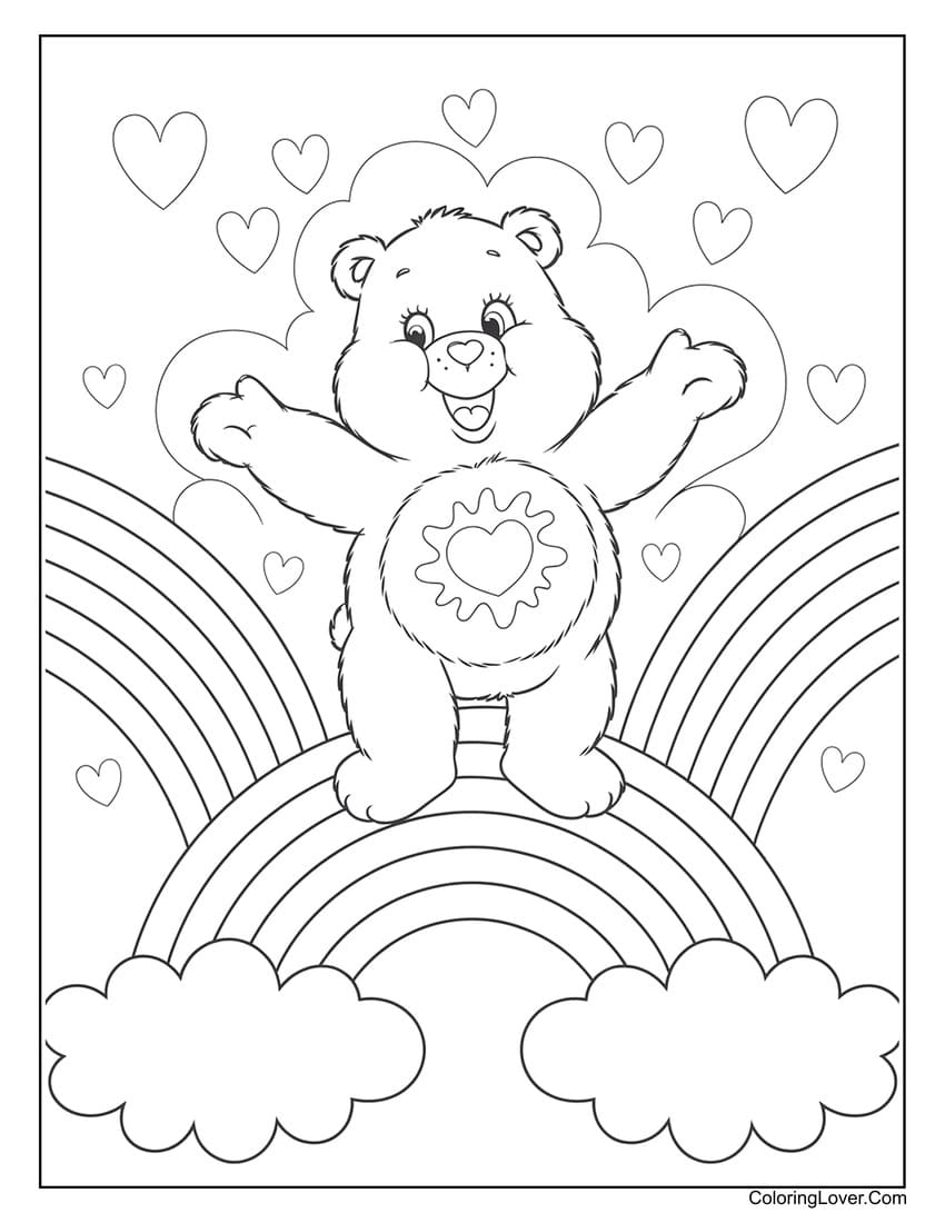 Care Bear standing on a rainbow coloring page for kids