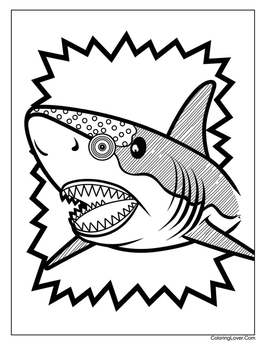 Cartoon shark coloring page with sharp teeth