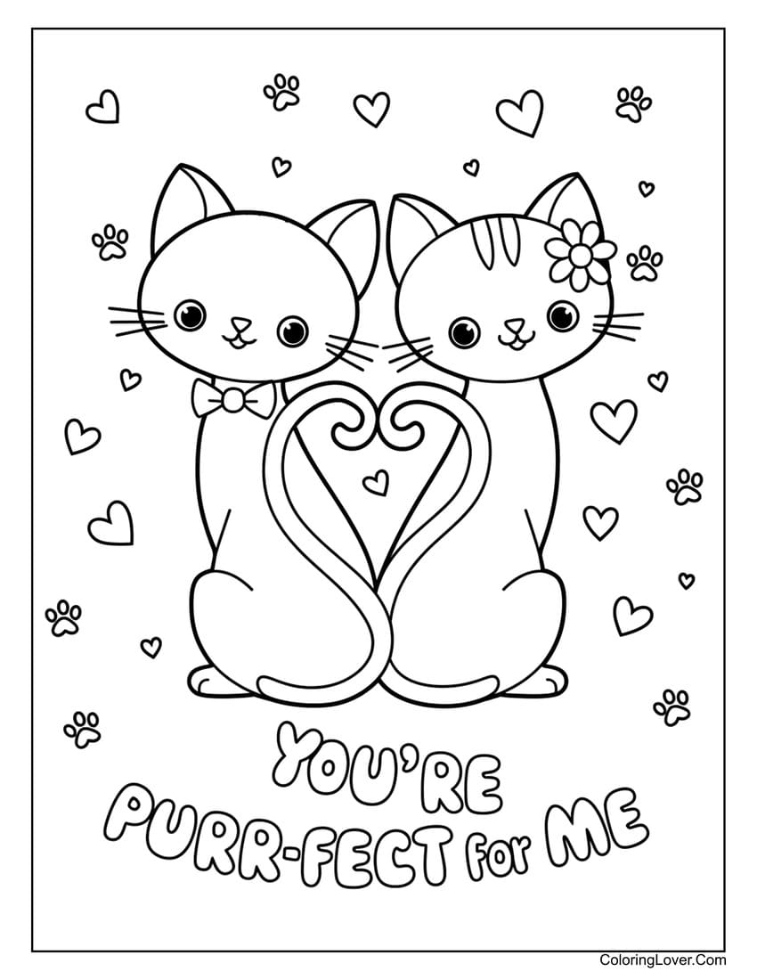 Cats forming a heart with tails Valentine coloring sheet