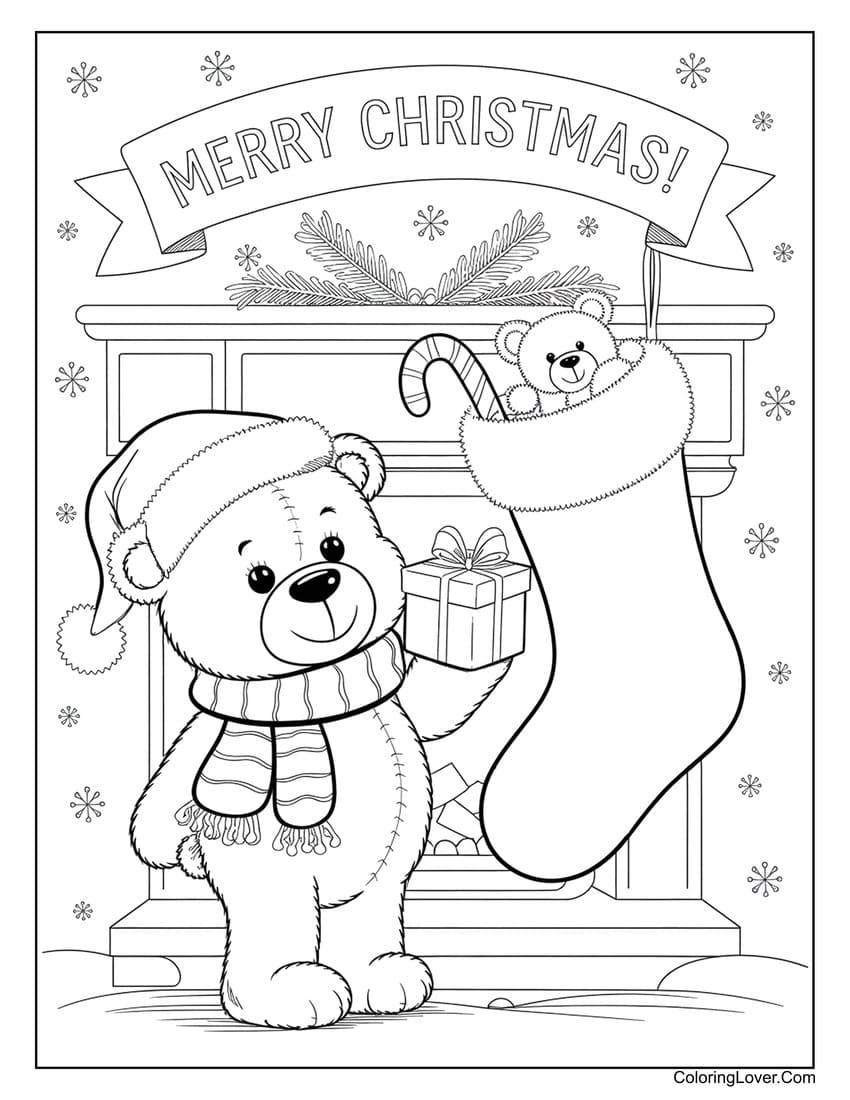 Christmas teddy bear by fireplace coloring page