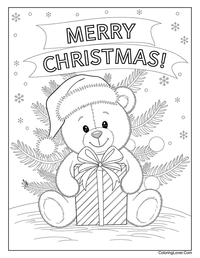 Christmas teddy bear with gift coloring page