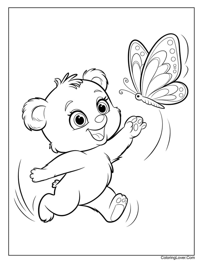 Cute baby bear chasing a beautiful butterfly coloring page