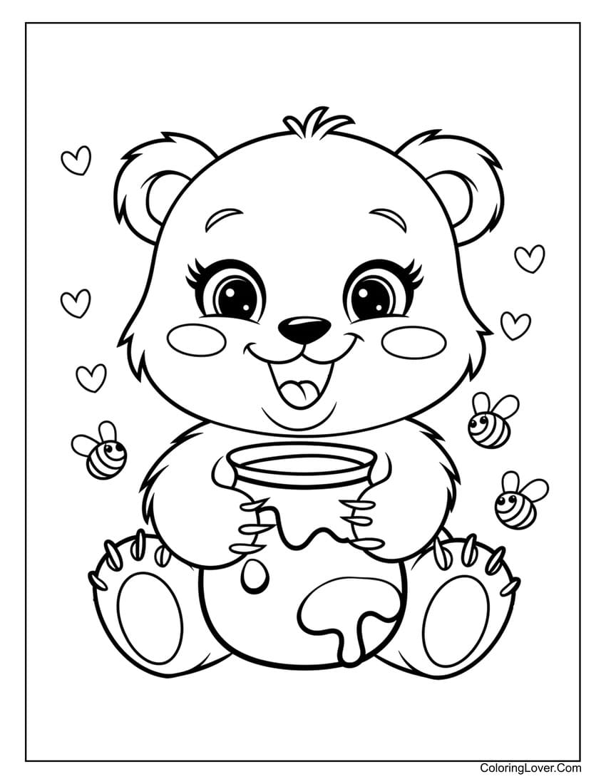 Cute baby bear holding a honey pot happily coloring page for kids