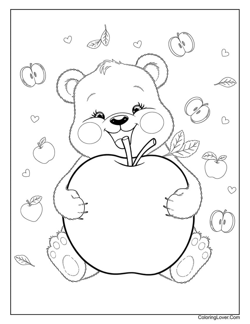 Cute baby bear hugging a giant apple coloring page