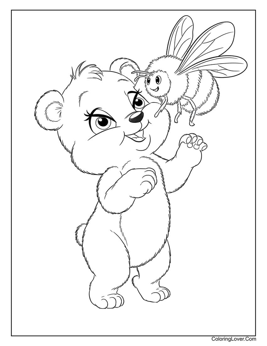 Cute baby bear interacting with a friendly bee coloring page for kids