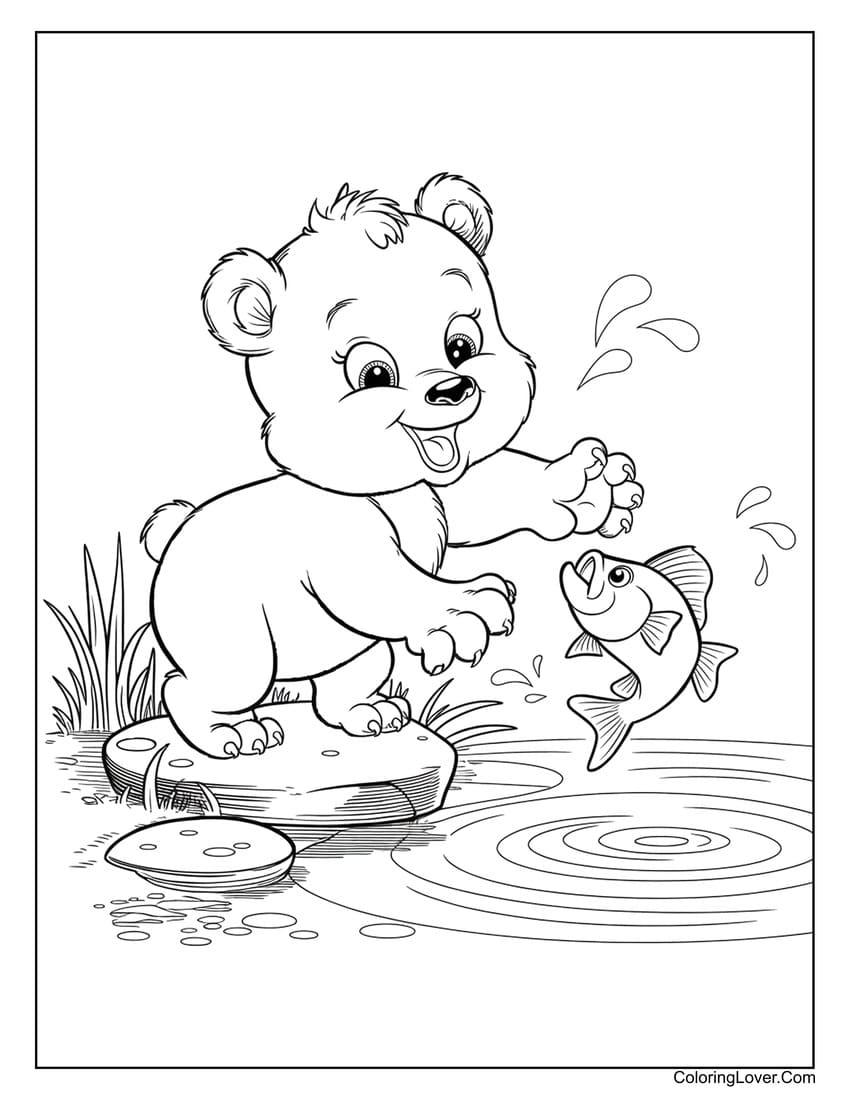 Cute baby bear playing with a jumping fish coloring page for kids