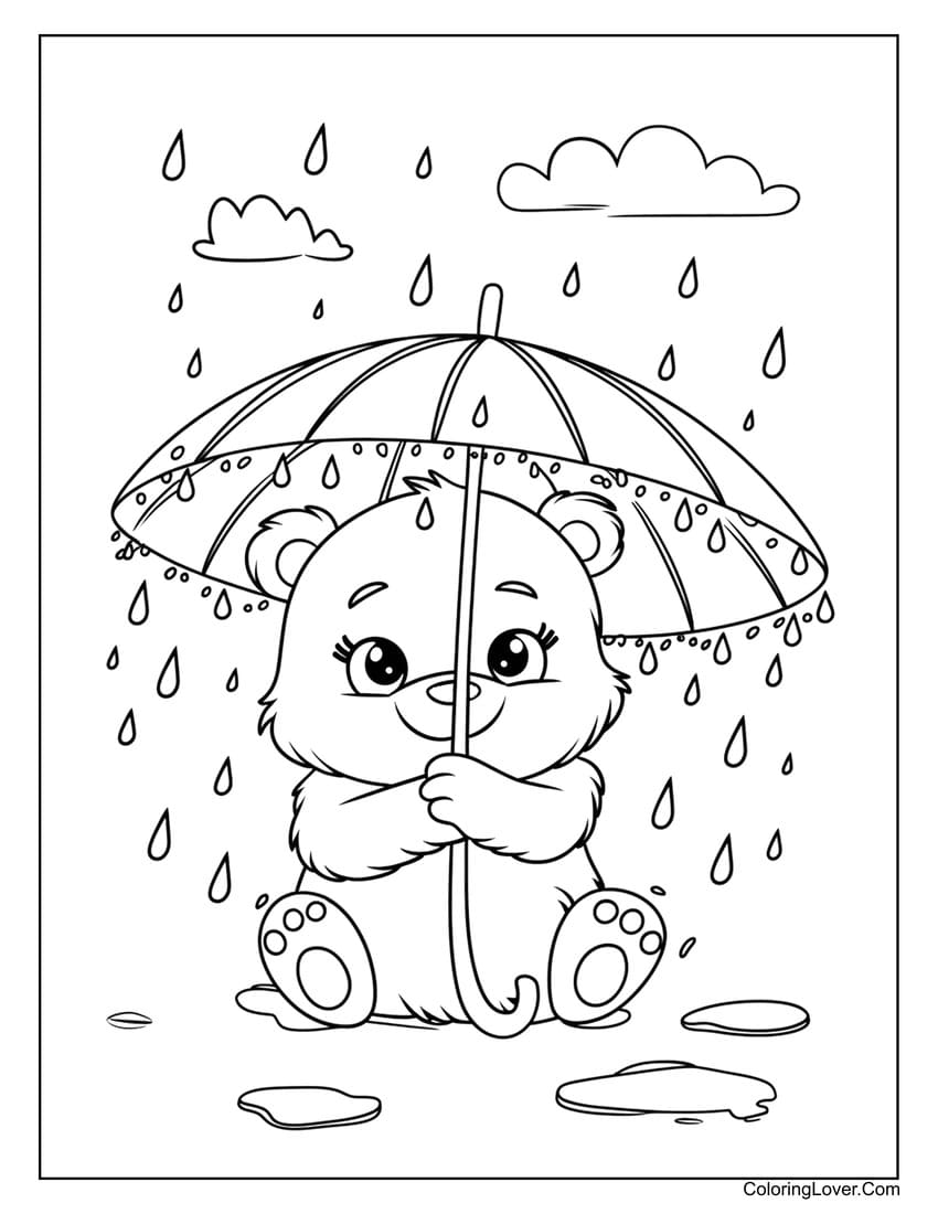 Cute baby bear sitting under an umbrella in rain coloring page