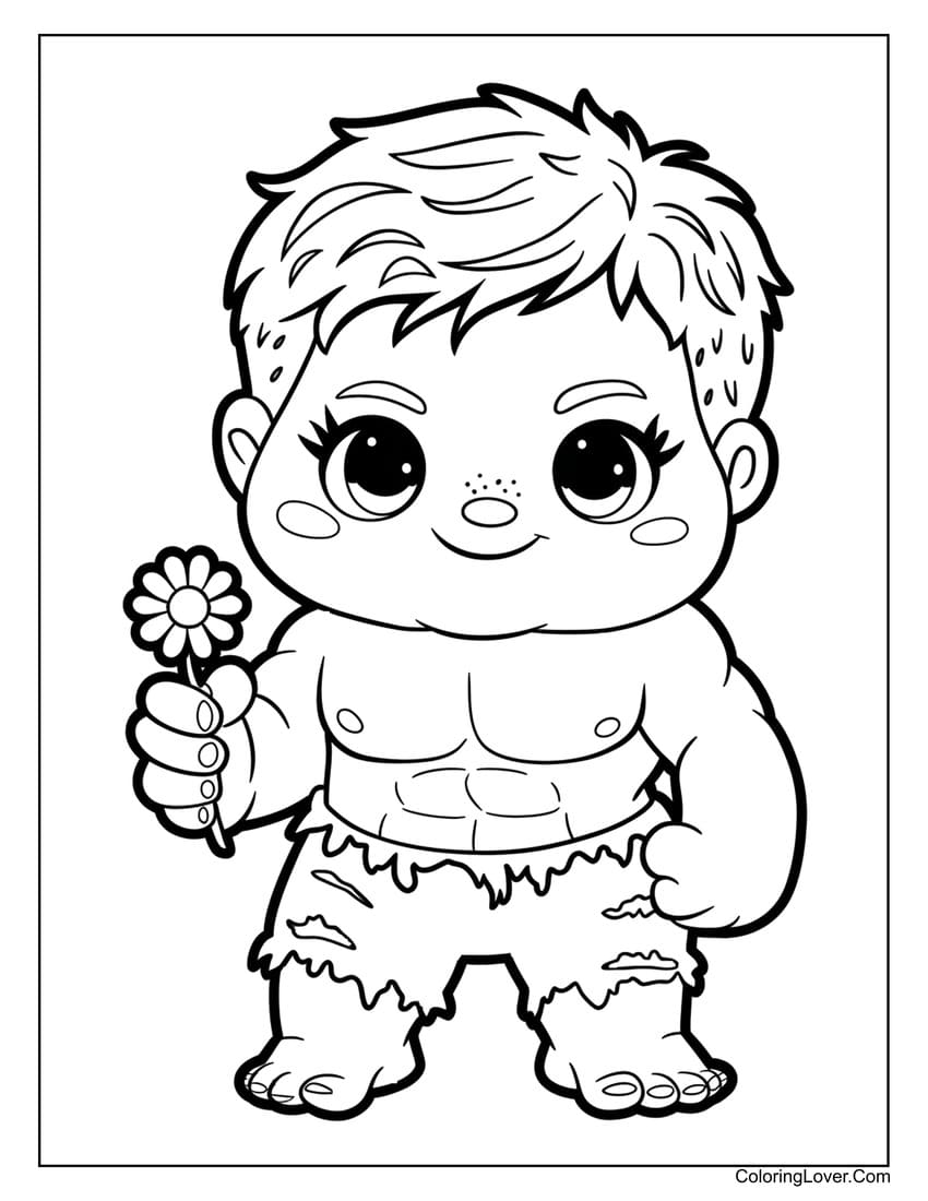 Cute baby Hulk holding a flower coloring sheet