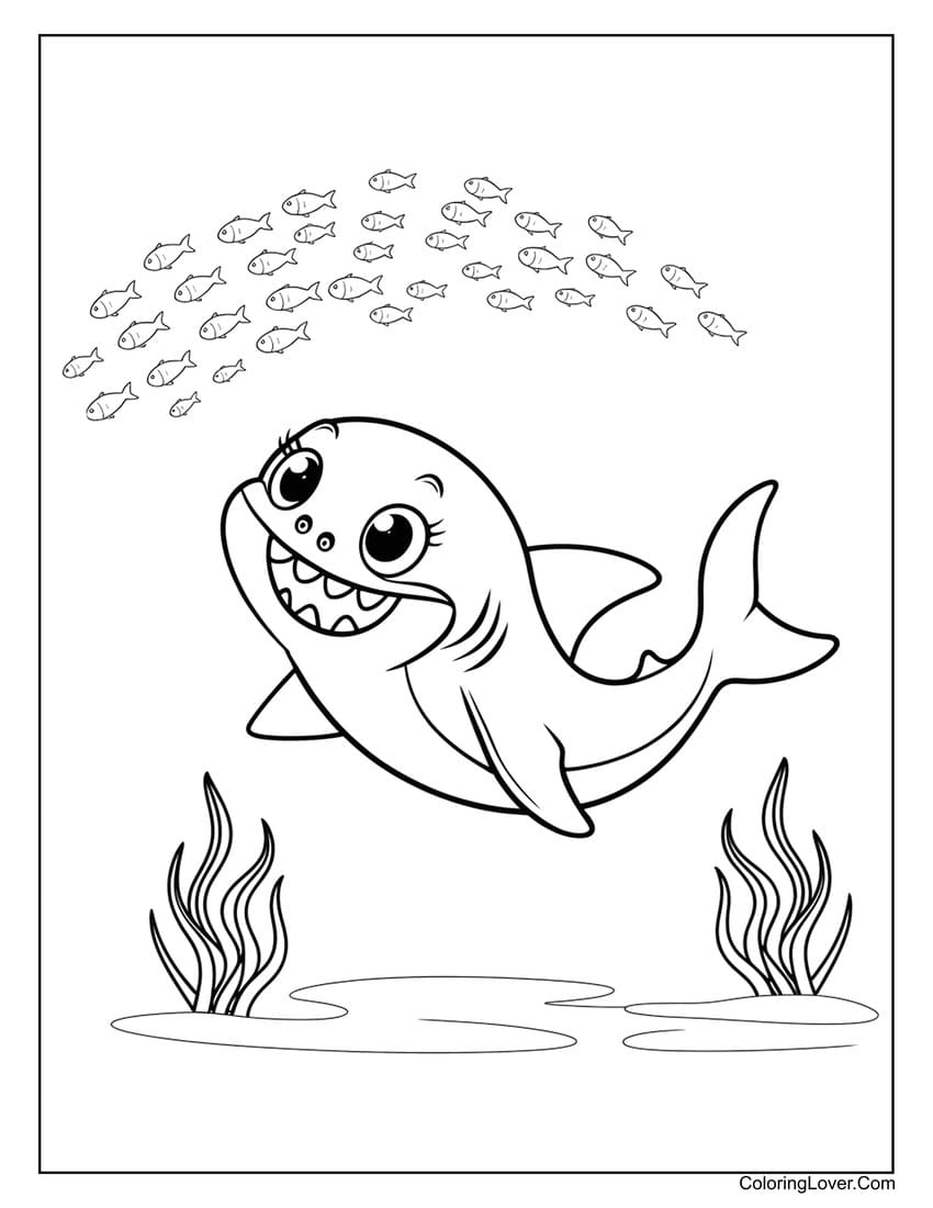 Cute Baby Shark and Fish Underwater Coloring Page