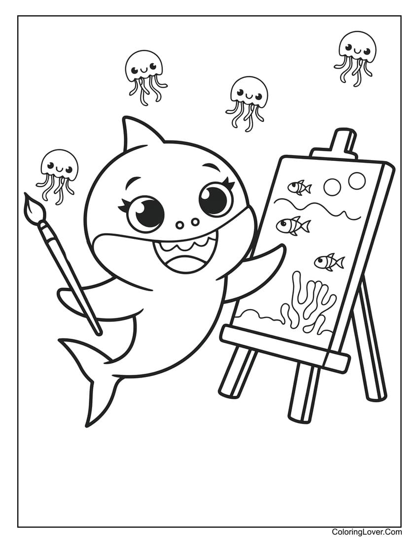 Cute Baby Shark Painting Underwater Scene Coloring Page