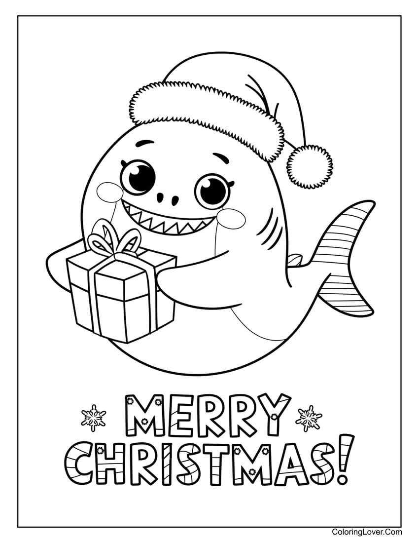 Cute Christmas shark holding a gift coloring sheet