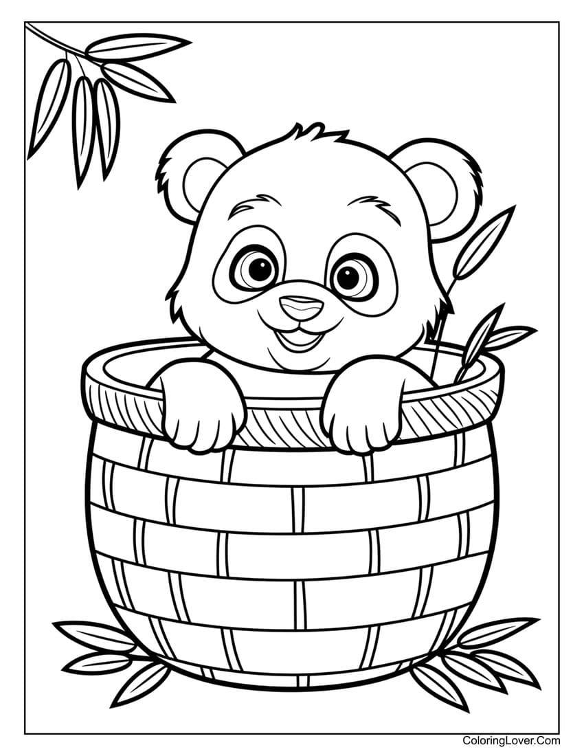 Cute panda bear in a bamboo basket coloring page for kids