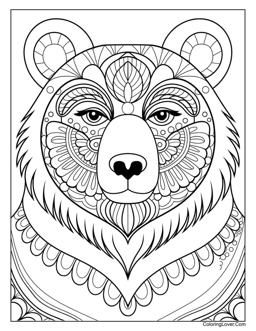 Decorative mandala bear portrait coloring page