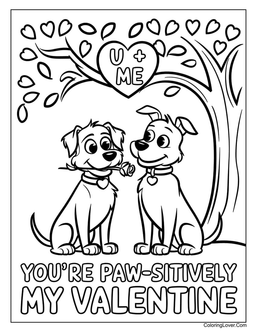 Dogs under heart tree for Valentine’s Day coloring page