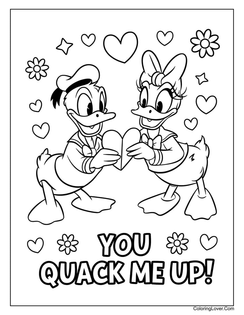 Donald Duck and Daisy Duck heart Valentine coloring page