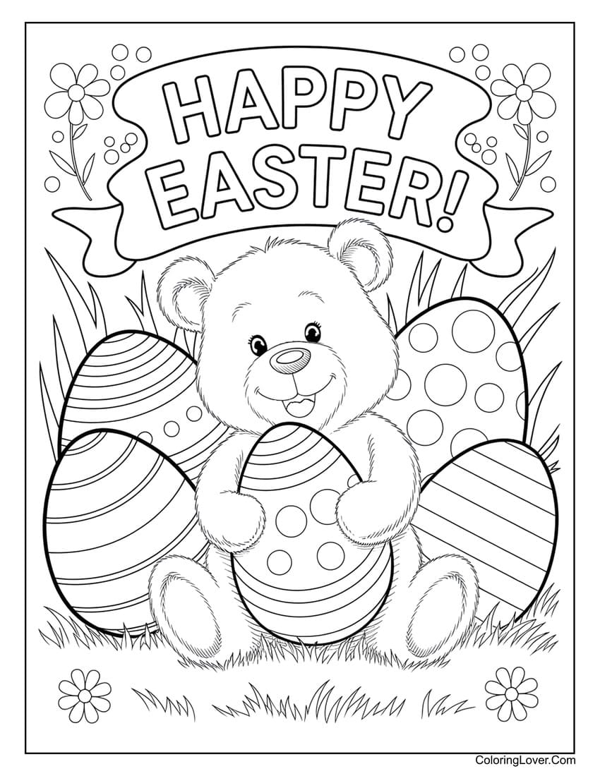 Easter teddy bear with decorated eggs coloring page