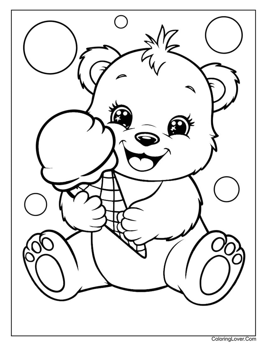 Easy preschool baby bear eating ice cream coloring page