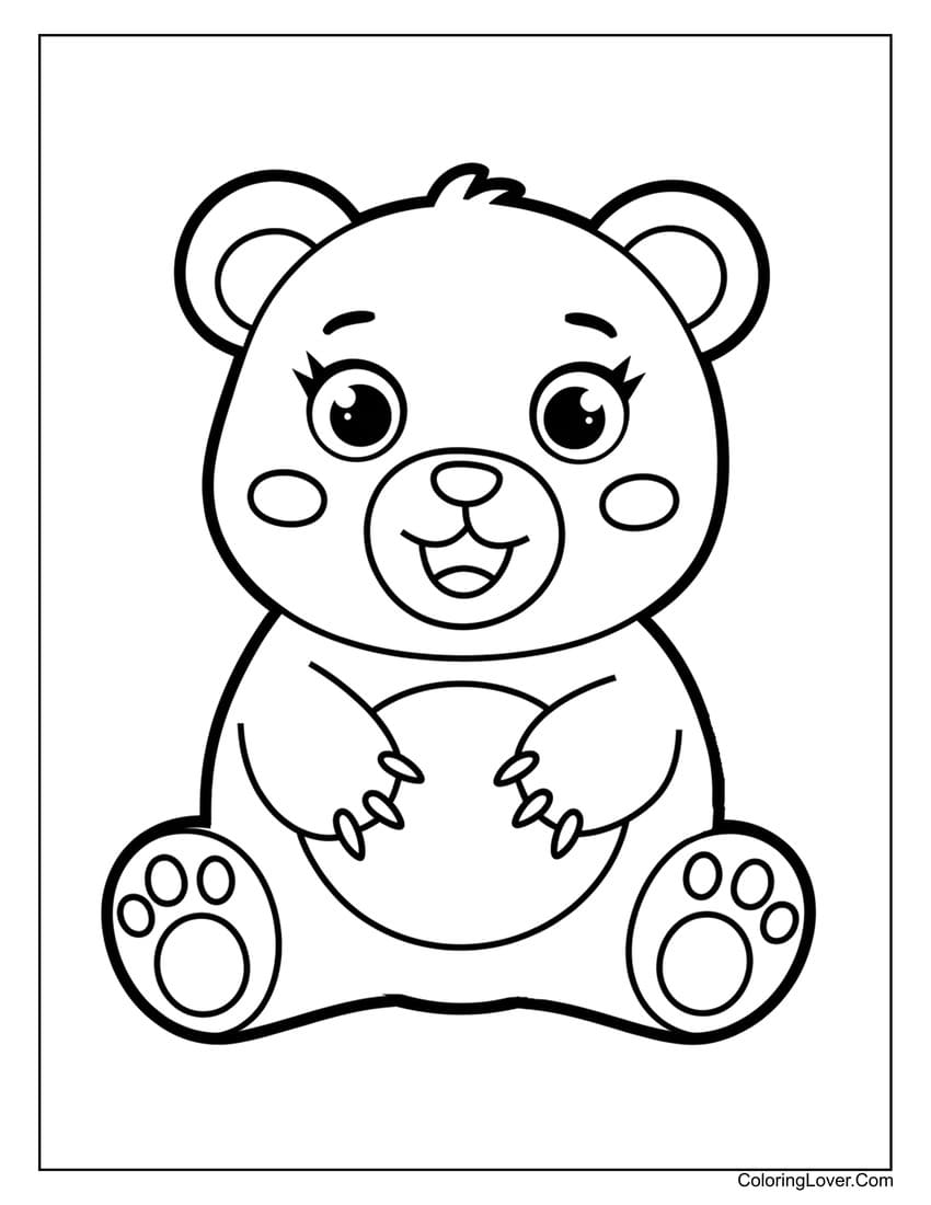 Easy preschool baby bear sitting and smiling coloring page