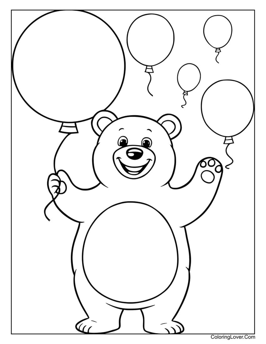 Easy preschool bear holding a balloon coloring page