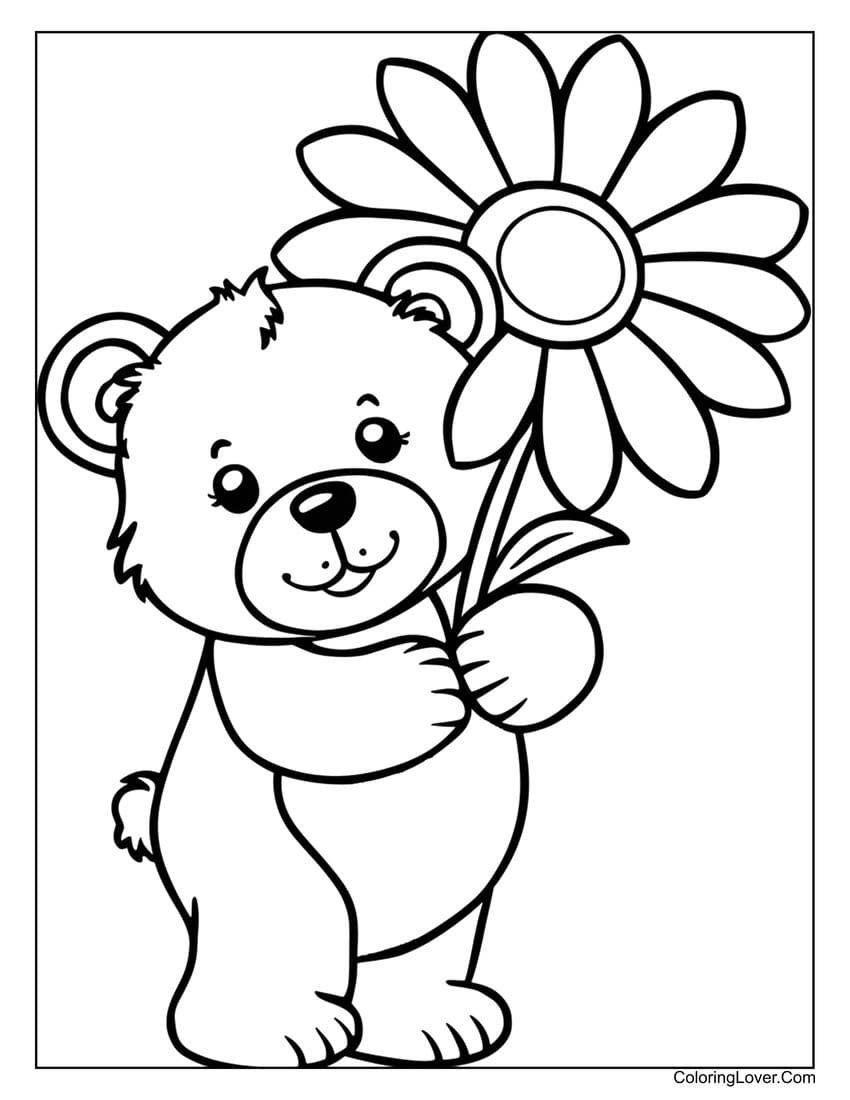 Easy preschool bear holding a big flower coloring page