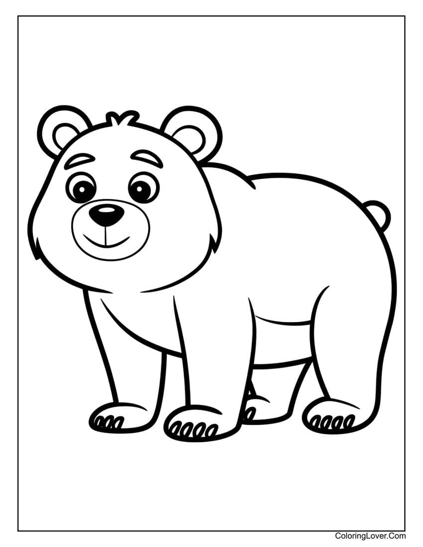 Easy preschool bear standing and smiling coloring page