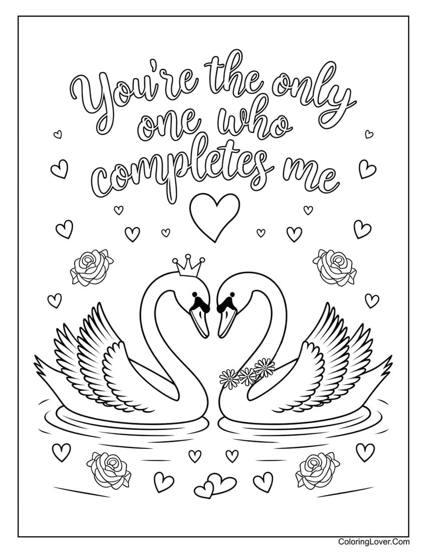 Elegant swans with roses for Valentine’s Day coloring sheet