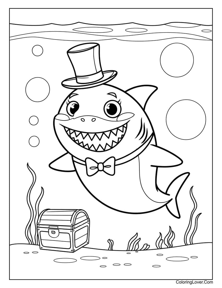 Fancy Shark with Top Hat and Treasure Coloring Page