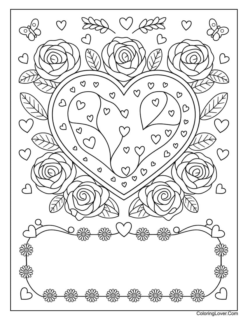 Floral heart with roses Valentine’s Day coloring card template