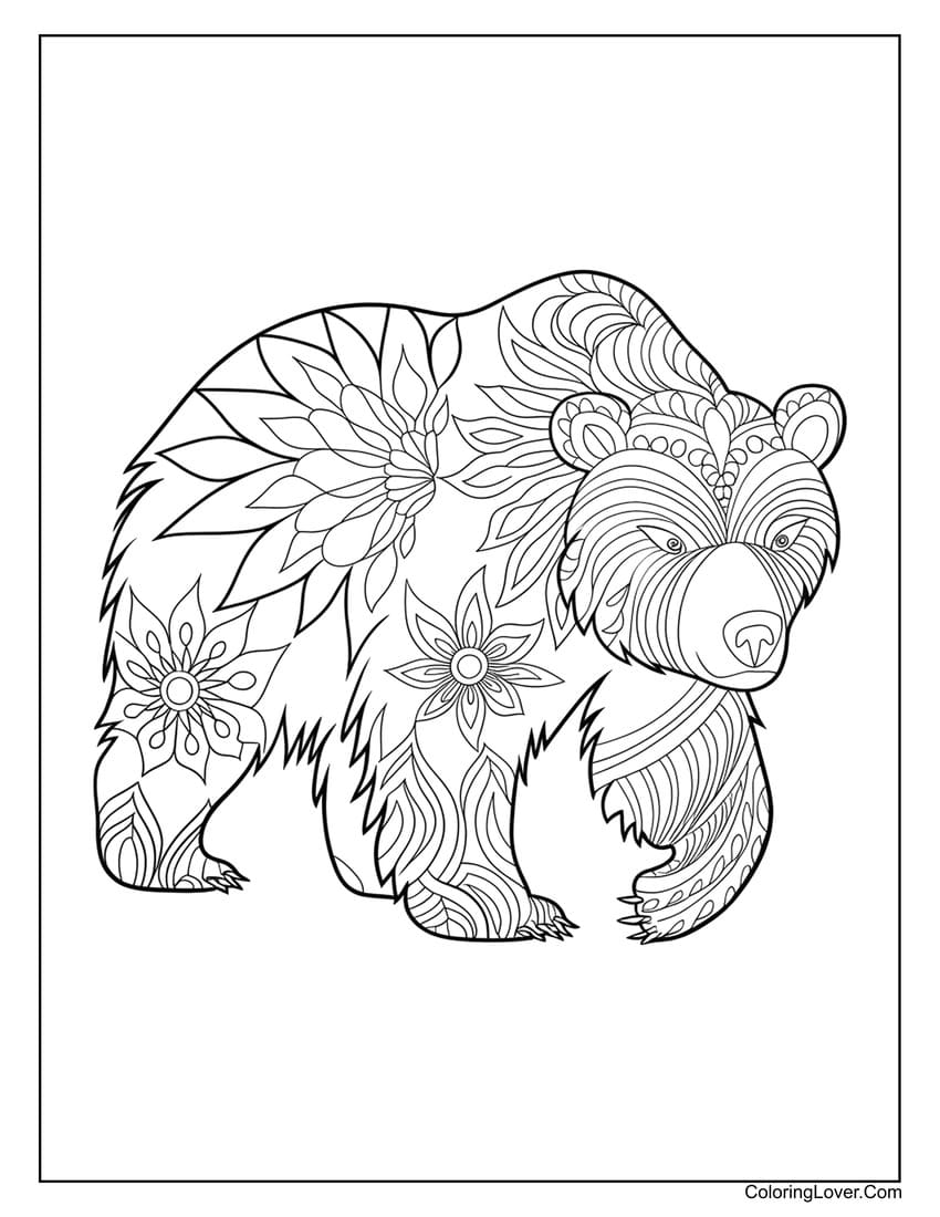 Floral pattern bear walking coloring page