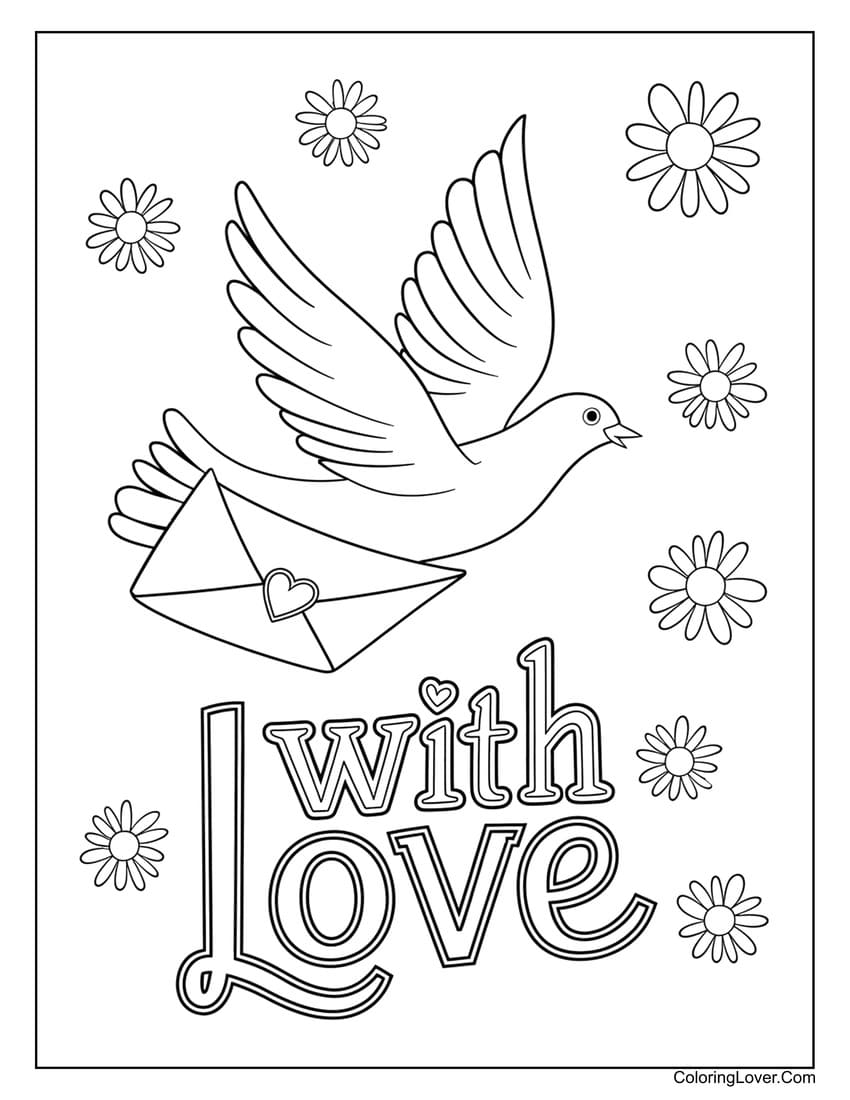 Flying dove with love letter Valentine coloring page